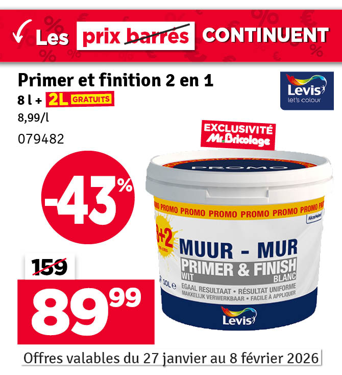 Peinture pour murs Primer & Finish blanc 8 L + 2 L gratuit LEVIS